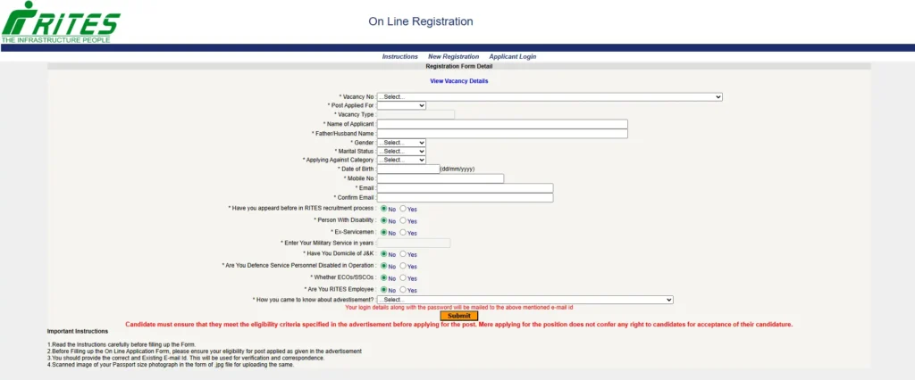 RITES Recruitemnt Registration